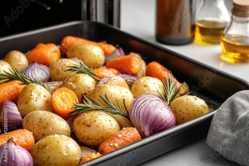 Roasted vegetables featuring potatoes, carrots, and onions with