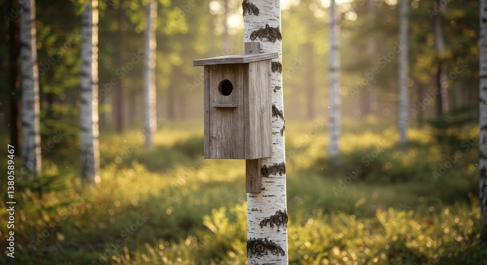 Birch Tree Birdhouse Haven - A rustic birdhouse mounted on a birch tree in a sun-dappled forest setting. Symbolizing nature, wildlife, tranquility, shelter, and conservation Birch Tree Birdhouse Haven - A rustic birdhouse mounted on a birch tree in a sun-dappled forest setting. Symbolizing nature, wildlife, tranquility, shelter, and conservation