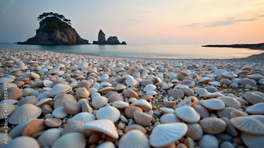 A serene beach scene featuring a variety of shells with rocky formations in the background at sunset.