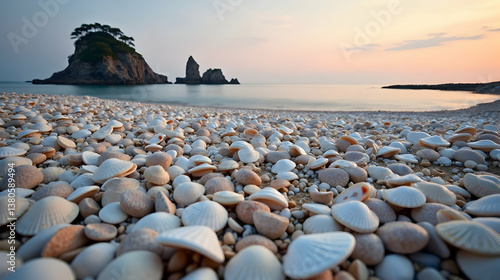 Obraz na płótnie A serene beach scene featuring a variety of shells with rocky formations in the background at sunset. w salonie