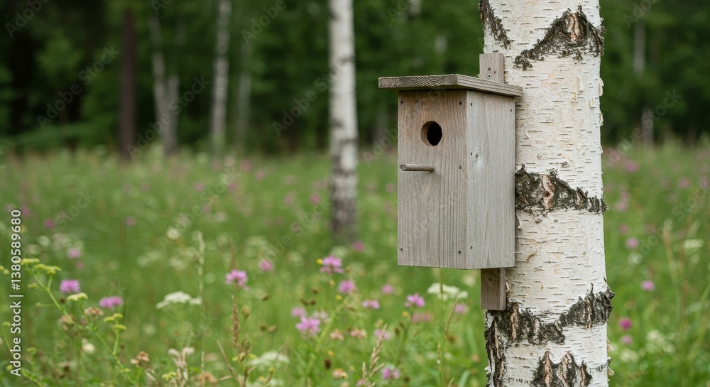 Birdhouse in Wildflower Meadow - A rustic birdhouse mounted on a birch tree in a vibrant meadow filled with wildflowers Birdhouse in Wildflower Meadow - A rustic birdhouse mounted on a birch tree in a vibrant meadow filled with wildflowers