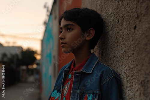 Young boy gazes thoughtfully against textured wall, capturing ur