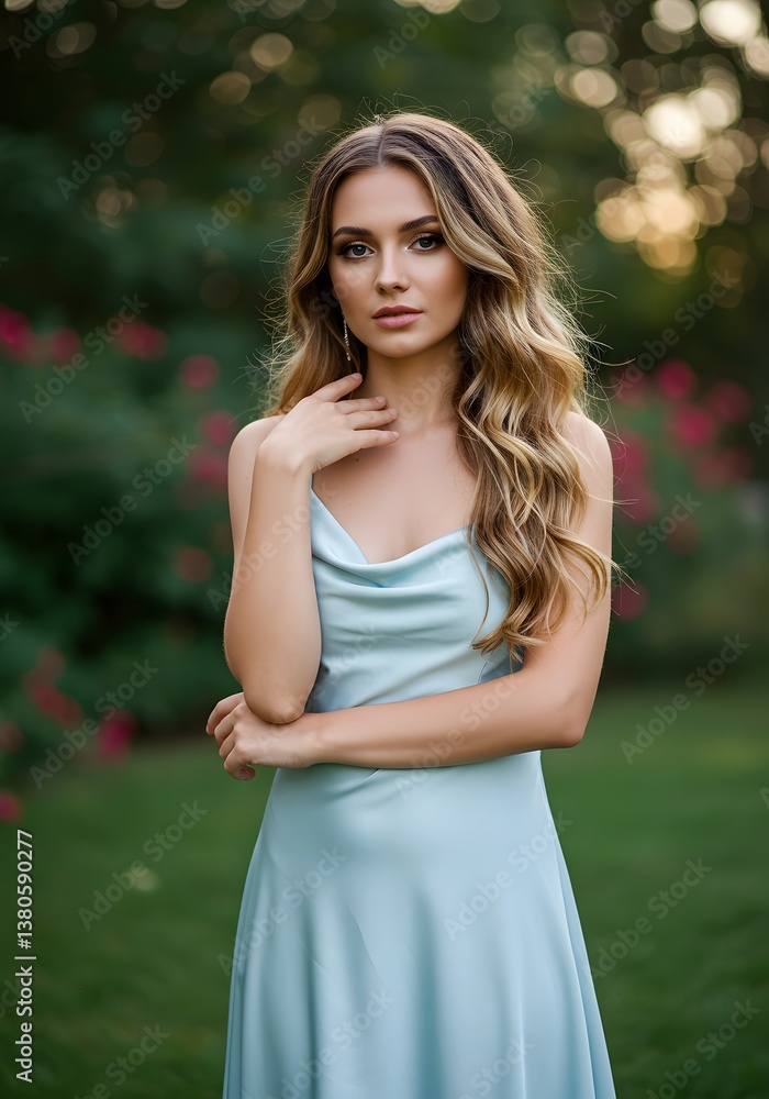 Elegant Woman in Blue Dress Posing Outdoors, Natural Beauty Portrait, Garden Background. Elegant Woman in Blue Dress Posing Outdoors, Natural Beauty Portrait, Garden Background.
