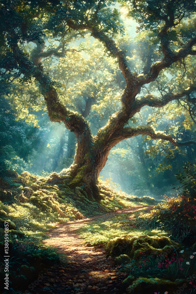 Fototapeta premium Ancient Oak's Dominance in Forested Serenity: A Timeless Natural Landscape