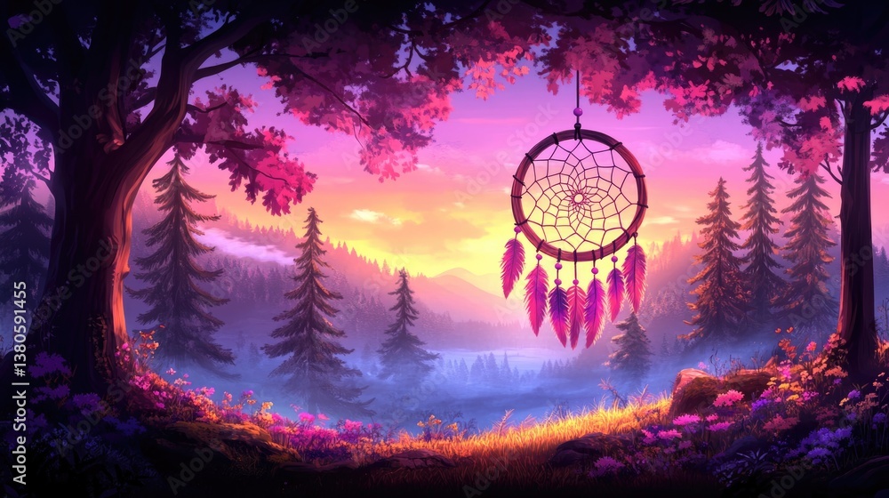 Fototapeta premium Serene dreamcatcher hanging among the colorful trees. Concept of dreams, spirituality and calmness. Ideal for greeting card, wall art, home decor project.