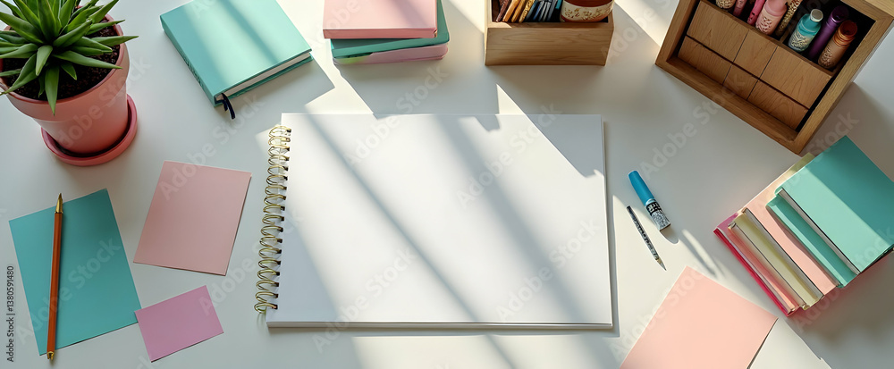 Workspace with colorful stationery and a plant, ideal for creative projects.