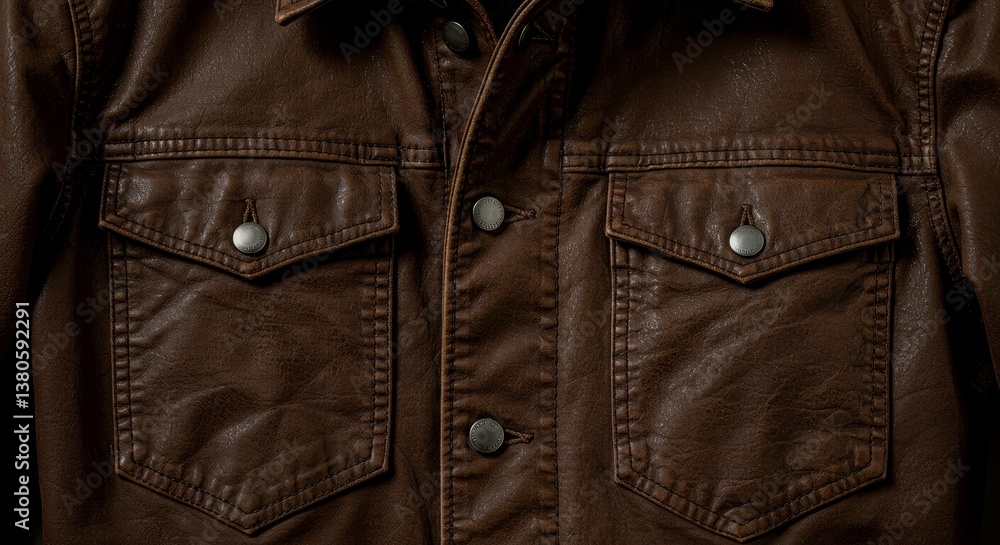 Brown Leather Jacket Close Up Texture - Close-up of a brown leather jacket, showcasing texture, pockets, and silver snaps. Symbolizes: ruggedness, , durability, classic, rebellion Brown Leather Jacket Close Up Texture - Close-up of a brown leather jacket, showcasing texture, pockets, and silver snaps. Symbolizes: ruggedness, , durability, classic, rebellion