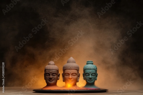 Trio of serene heads radiating tranquility, surrounded by mystic
