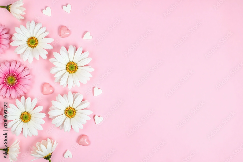 Fototapeta premium white flowers and hearts on a pink background