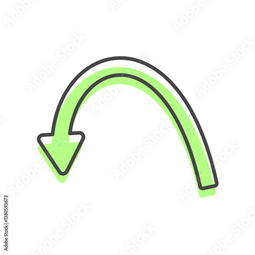 大きく伸び下がる緑の矢印　カーブを描く矢印
