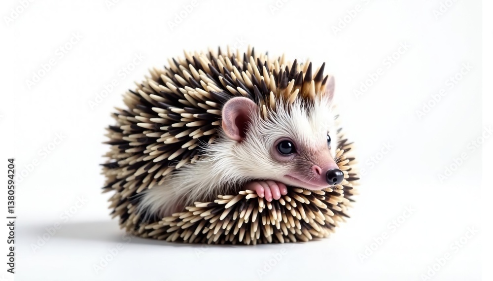 Obraz premium Tiny hedgehog curled into a ball on pure white background, hedgehog, texture, white background