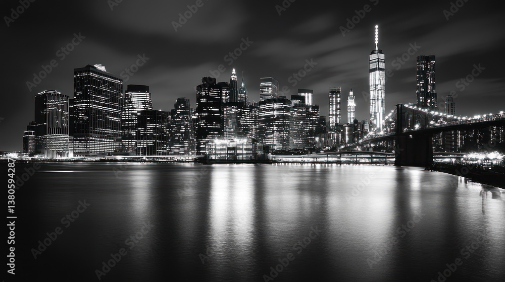 Obraz premium Night cityscape, black and white, skyscrapers, bridge, water reflection.