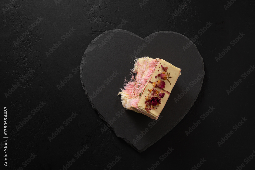 Trendy white chocolate with layer of white and pink pismaniye on heart shaped plate on black background. Tasty dessert. View from above. Copy space.
