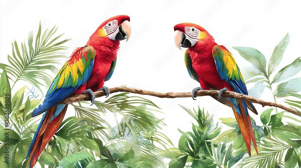 Fototapeta premium Vibrant red macaws perched on branch amidst lush green foliage, showcasing their colorful feathers and lively expressions