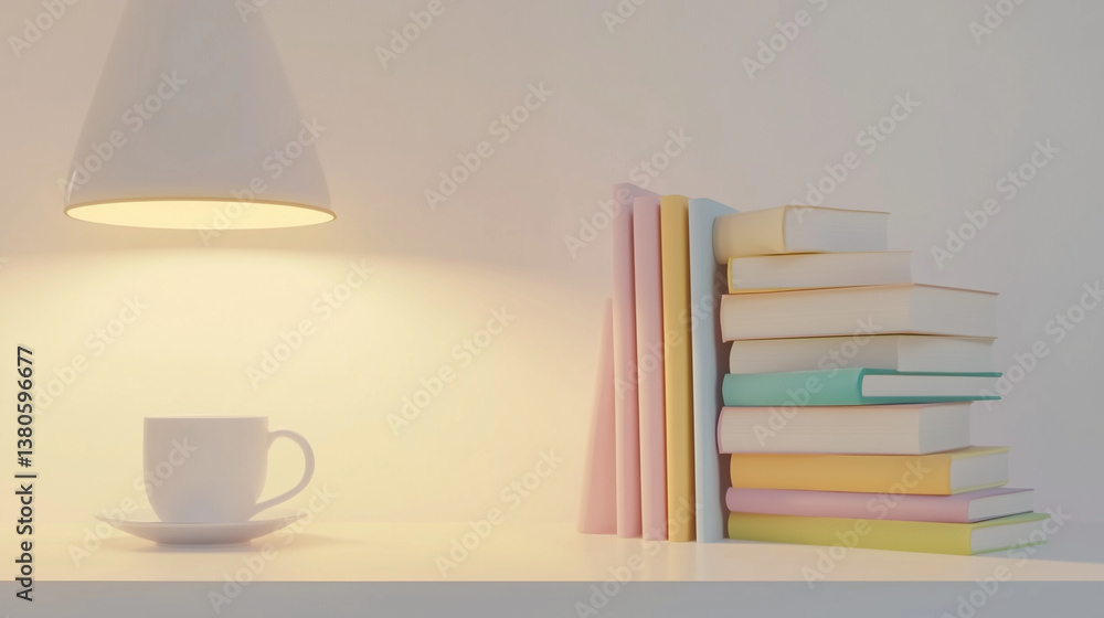 Fototapeta premium Stack of pastel books and cup under warm lamp light