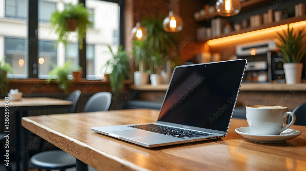 Cozy café scene featuring a laptop and a cup of coffee on a wooden table.