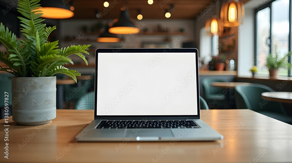 Modern workspace with a laptop and potted plant in a cozy café setting.