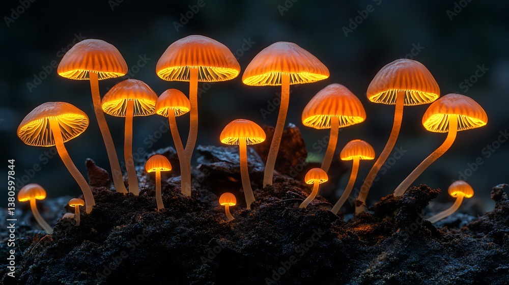 Fototapeta premium Blue mushrooms glow brightly wallpapers