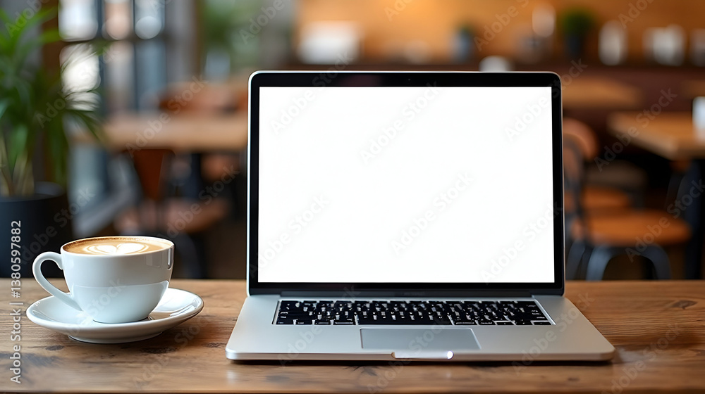 A laptop and a cup of coffee on a wooden table in a cozy café setting.