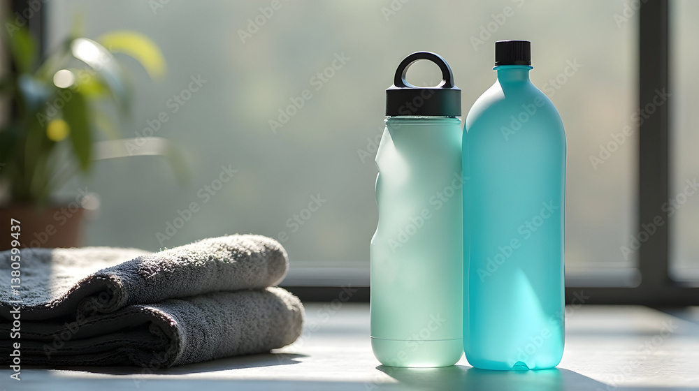 Two water bottles in sunlight beside rolled towels and a plant, creating a serene, refreshing atmosphere.
