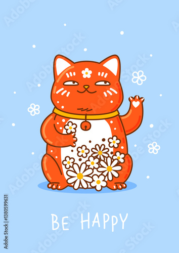 Cute сartoon maneki neko with flowers on blue background - funny asian character for Your kawaii design