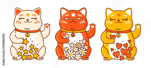 Set of cute сartoon maneki neko isolated on white background - funny asian characters for Your kawaii design