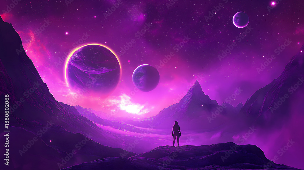 Fototapeta premium Lonely figure under purple starry sky