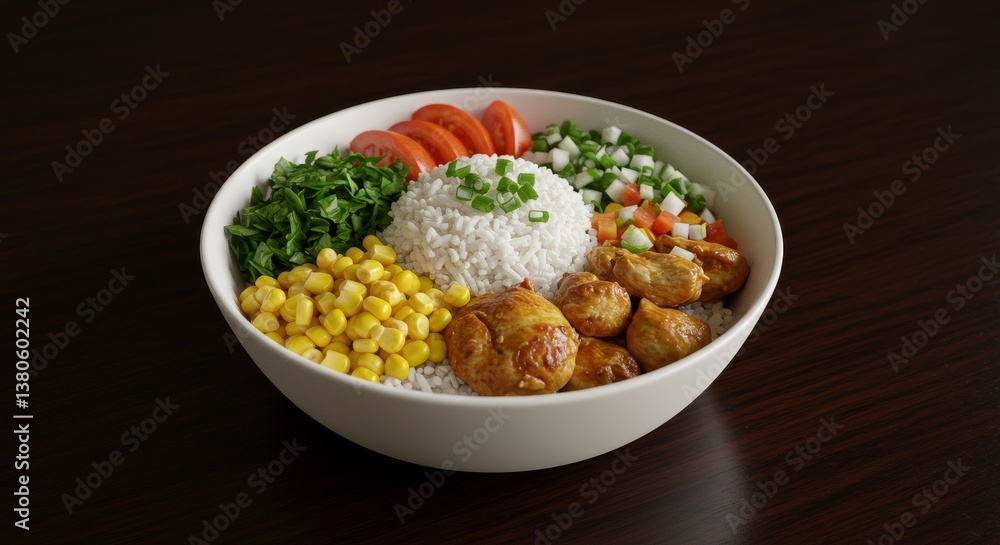 Delicious Chicken Rice Bowl with Corn and Vegetables - A vibrant and healthy chicken rice bowl, featuring savory chicken, fluffy rice, sweet corn, juicy tomatoes, crisp onions Delicious Chicken Rice Bowl with Corn and Vegetables - A vibrant and healthy chicken rice bowl, featuring savory chicken, fluffy rice, sweet corn, juicy tomatoes, crisp onions