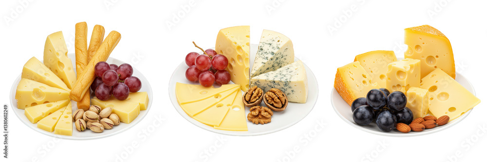 Cheese plates with grapes, nuts and breadsticks. Cheese plates with grapes, nuts and breadsticks.
