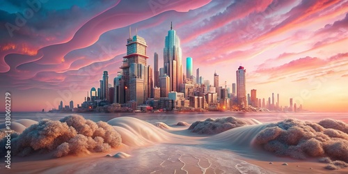 Surreal Aerial City Beachscape: Dreamlike Coastal Metropolis
