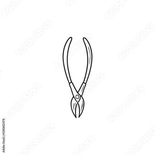 Black and white illustration of pliers with curved handles and cutting edge in black isolated on white background. Secateur, averruncator Hand drawn vector sketch illustration in vintage line art