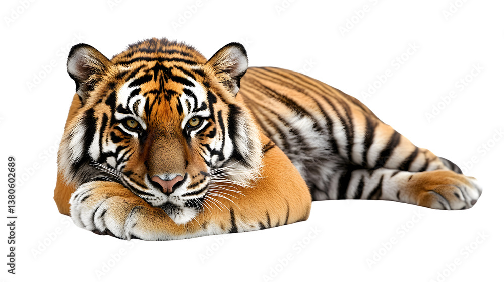 Fototapeta premium Graceful Tiger Grooming Its Paw - Isolated White Background Wildlife Photo