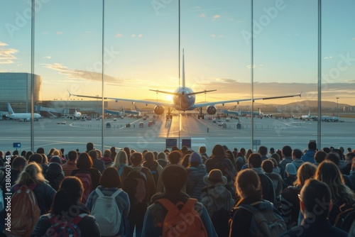 Crowd gathers at airport terminal to witness sunset behind airplane during busy travel time