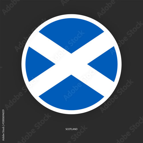 Scotland circle flag icon with shadow on dark background. Scotland  button icon with white border isolated dark grey background