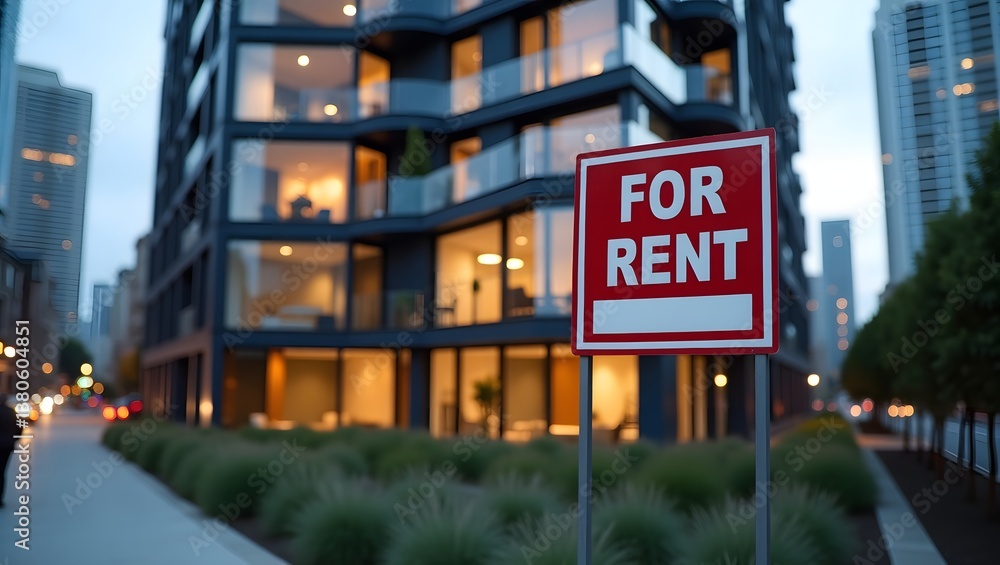 Obraz premium For rent sign displayed on modern building exterior real estate