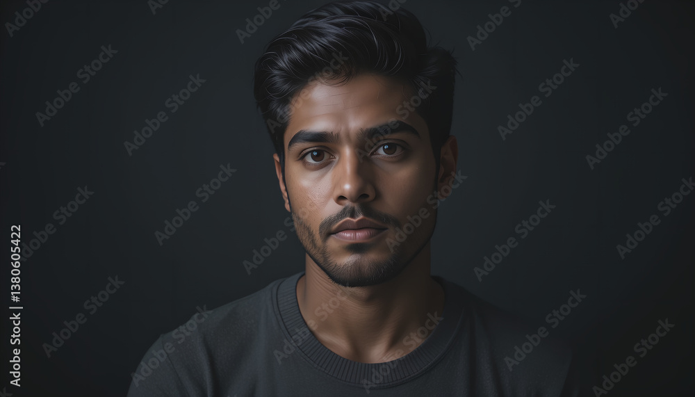 Intense Gaze: Young Man's Portrait on Dark Background Intense Gaze: Young Man's Portrait on Dark Background