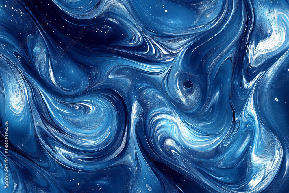An abstract digital artwork with swirling blue and silver textures creating a surreal cosmic dance of light and motion around a radiant core An abstract digital artwork with swirling blue and silver textures creating a surreal cosmic dance of light and motion around a radiant core