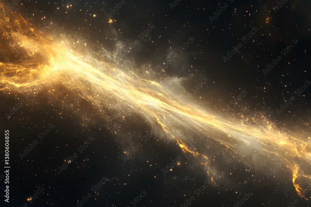 A golden nebula stretching across a dark space filled with twinkling stars and cosmic dust clouds A golden nebula stretching across a dark space filled with twinkling stars and cosmic dust clouds