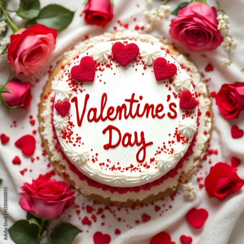 Valentine’s Day special text cake on white background top view