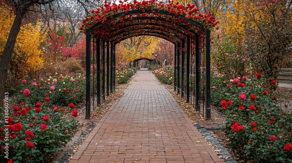 Obraz premium Autumnal Rose Garden Pathway: A Serene Brick Walkway Underneath a Blooming Rose Arch