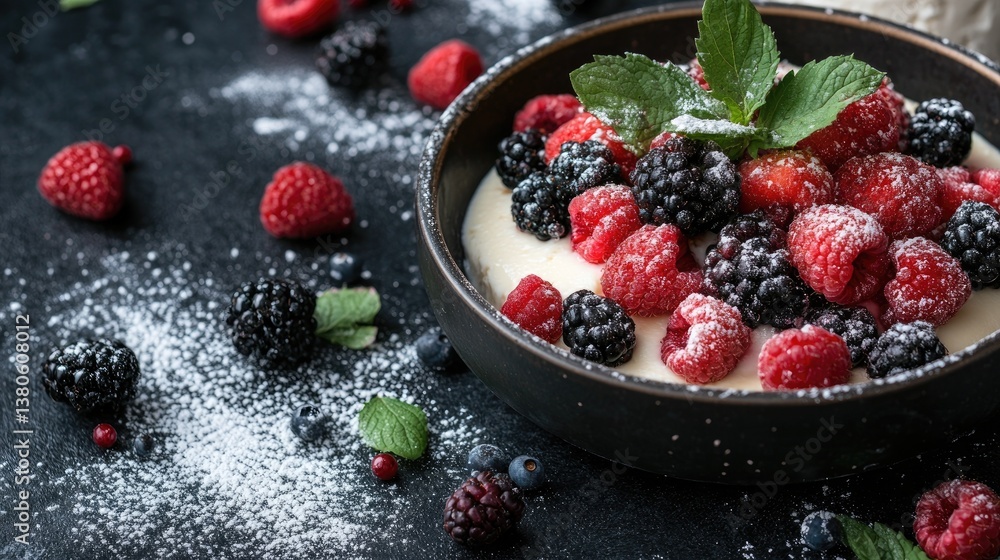 Delicious cheesecake topped with fresh berries on a dark countertop Delicious cheesecake topped with fresh berries on a dark countertop