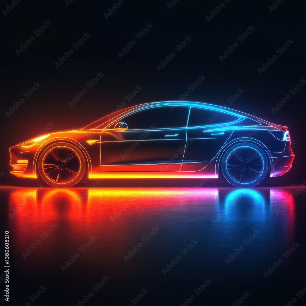 Neon outline of a sleek electric car showcasing modern design and vibrant colors against a dark background Neon outline of a sleek electric car showcasing modern design and vibrant colors against a dark background