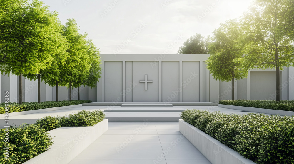 Fototapeta premium Contemporary outdoor mausoleum with trees and sunlight