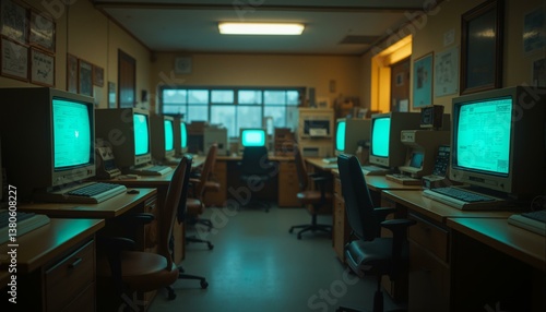 A nostalgic scene of old computers, vintage electronics, and retro technology in a cluttered lab setting.