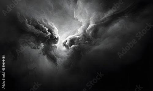 A dramatic monochrome image of swirling smoke or clouds against a dark background with bright light