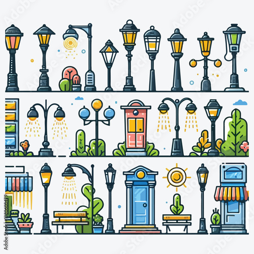 City Park Elements with Lamp, Light Post and Road Barrier Column Vector Set stock illustration
