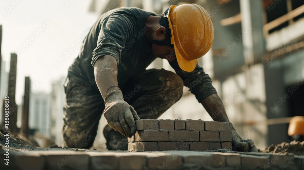 A construction worker wearing a helmet and laying bricks on a foundation. Featuring focus and craftsmanship A construction worker wearing a helmet and laying bricks on a foundation. Featuring focus and craftsmanship