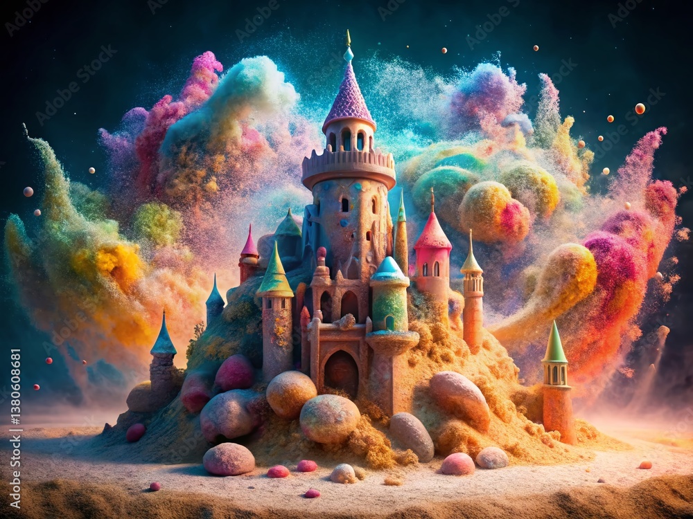 Obraz premium Surreal Kinetic Sand Castle: Vibrant Multicolored Indoor Play Scene