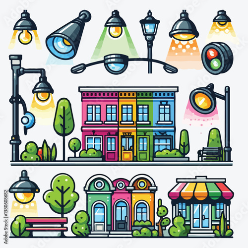 City Park Elements with Lamp, Light Post and Road Barrier Column Vector Set stock illustration