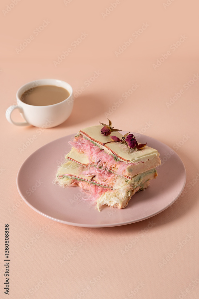Trendy dessert handicraft chocolate with air filling, white and pink pismaniye and coffee on pink background. Vertical. Close up.